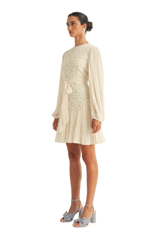 Long Sleeve Lace Contrast Drop Waist Pleated Mini Dress