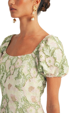 Puff Sleeve Square Neck Open Back Floral Lace Midi