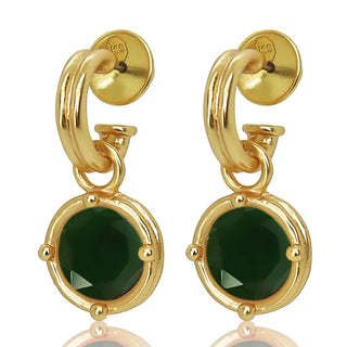 Double-Rim Gem Charm Hoop Earrings - 24k Gold Plated - Emerald Green