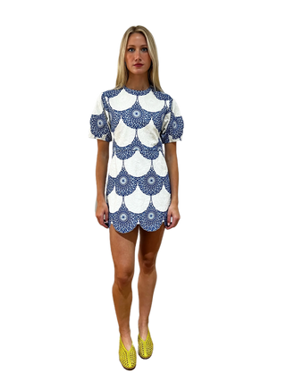Harmony mini dress featuring seabreeze medallion embroidery, crew neckline, short sleeves and feminine scalloped hem detail