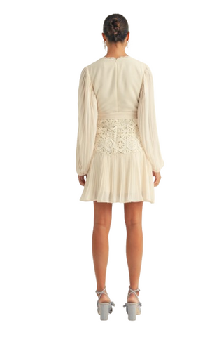 Long Sleeve Lace Contrast Drop Waist Pleated Mini Dress