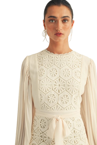 Long Sleeve Lace Contrast Drop Waist Pleated Mini Dress