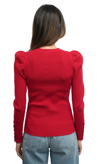 Dani Button Puff Sleeve Ribbed Knit Top