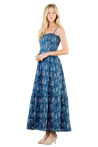 Woman wearing a blue floral dress against a white background