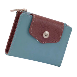 Green wallet with brown flap and button on a light blue background