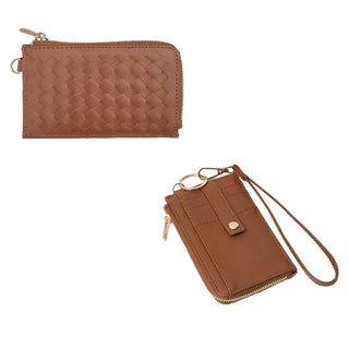 A brown faux leather zip-around wallet shown in two views: a flat woven-texture style on the top left and a slim wristlet style with a strap on the bottom right, both on a light gray background.